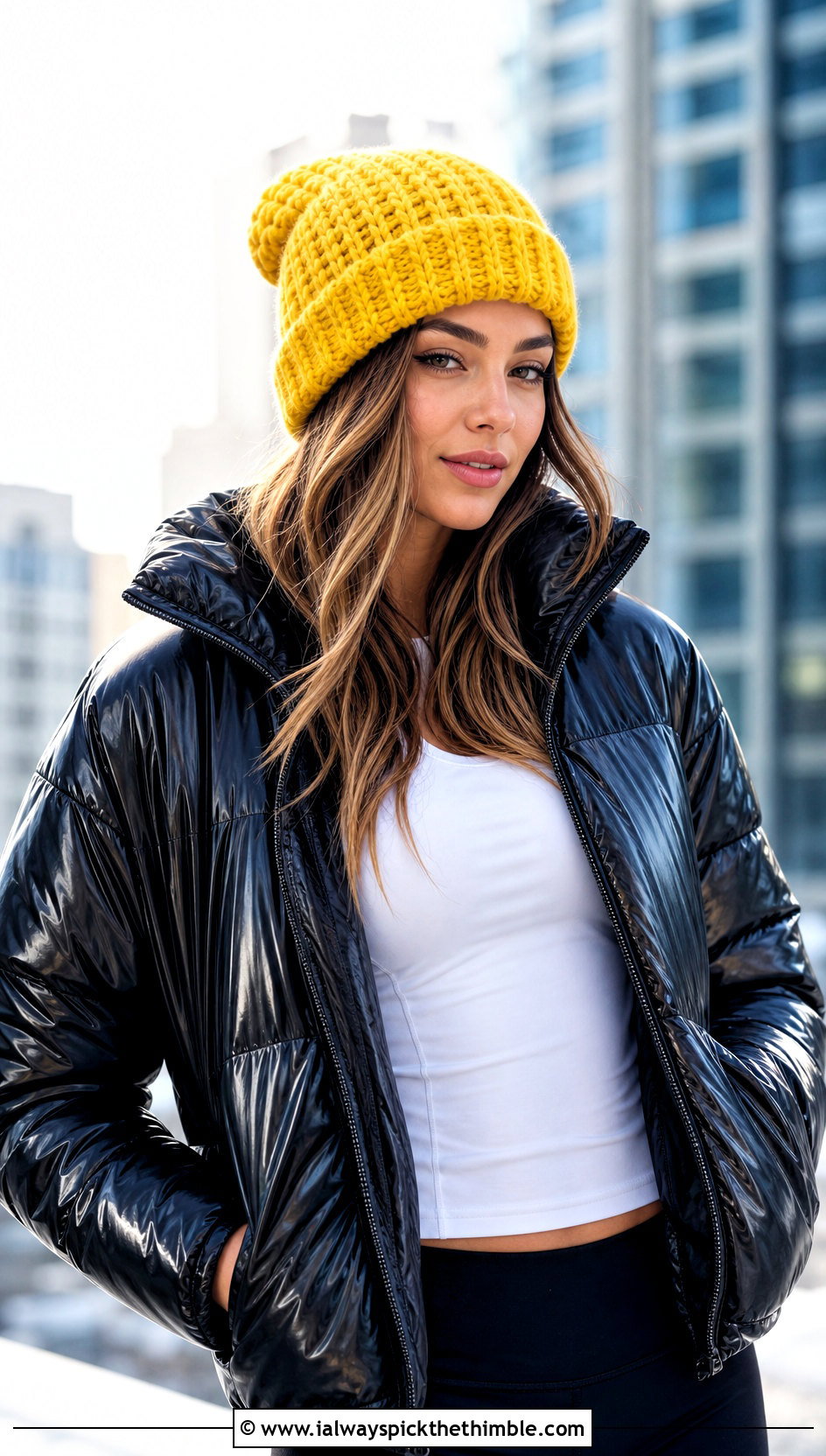 Cuffed Waffle Crochet Beanie With Puffer Jacket And Leggings - 20 waffle crochet beanie outfit ideas