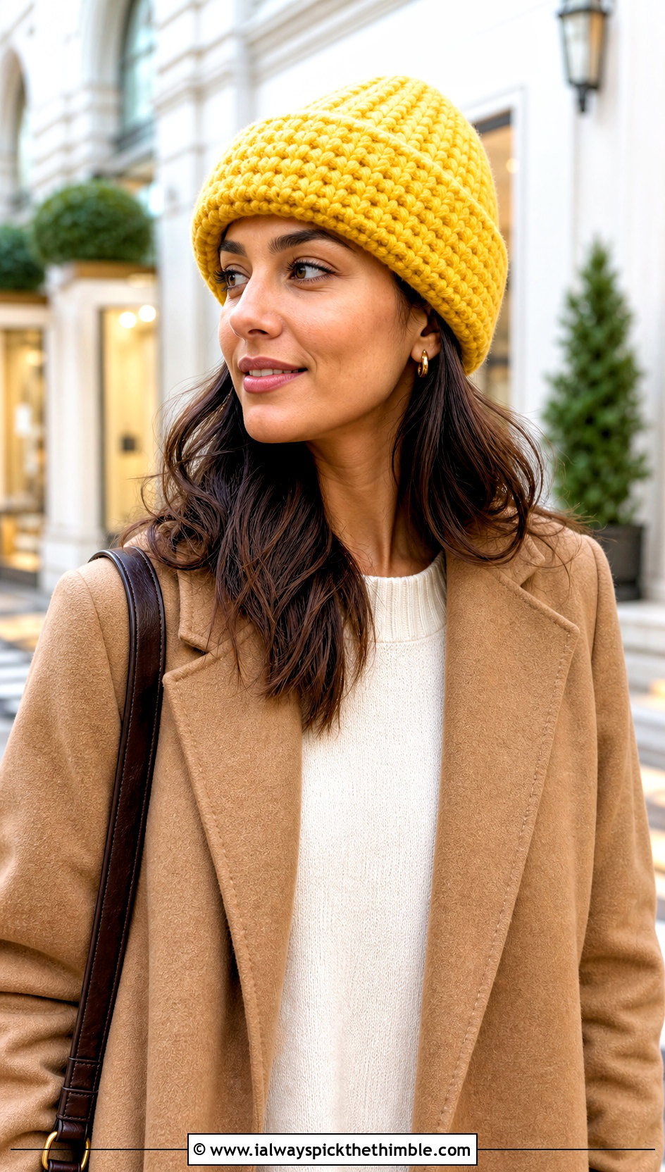 Cuffed Waffle Crochet Beanie With Wool Coat - 20 Waffle Crochet Hat outfit ideas