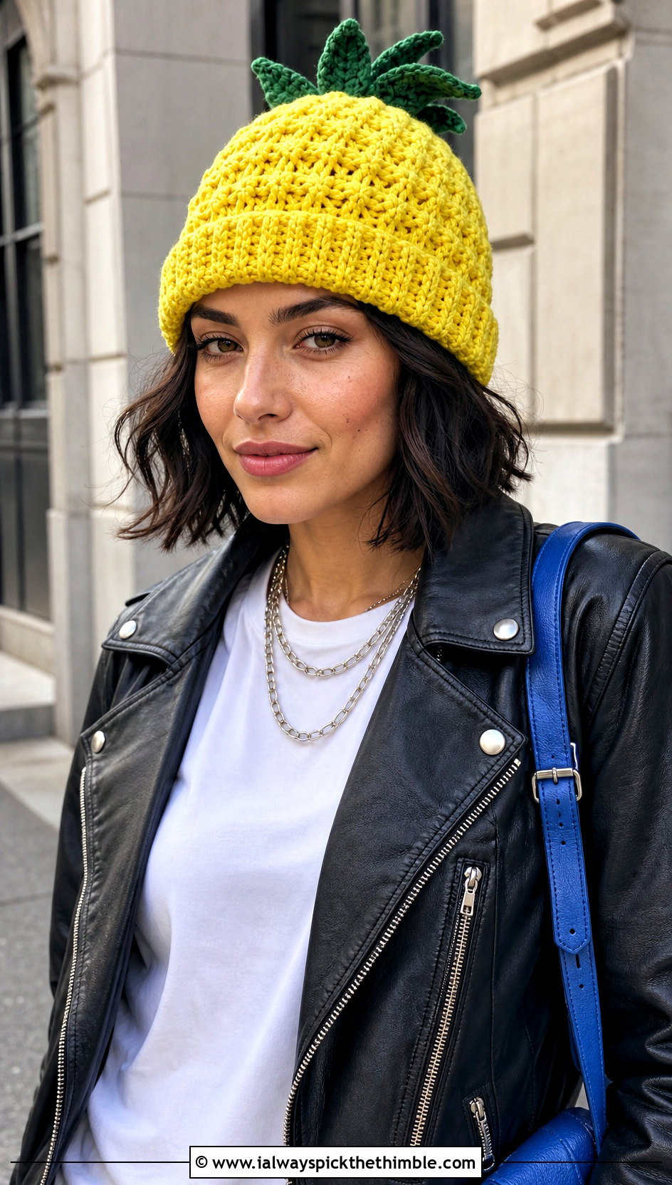 Cuffed Yellow Crochet Pineapple Fisherman Beanie With A Leather Jacket - 15 Yellow Crochet Pineapple Hat outfit ideas