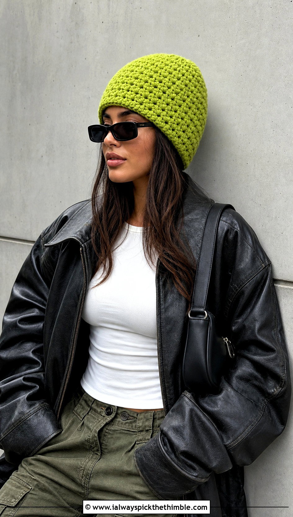 Cuffless Alpine Stitch Beanie With Leather Jacket And Cargo Pants - 15 Alpine Stitch Crochet Hat outfit ideas