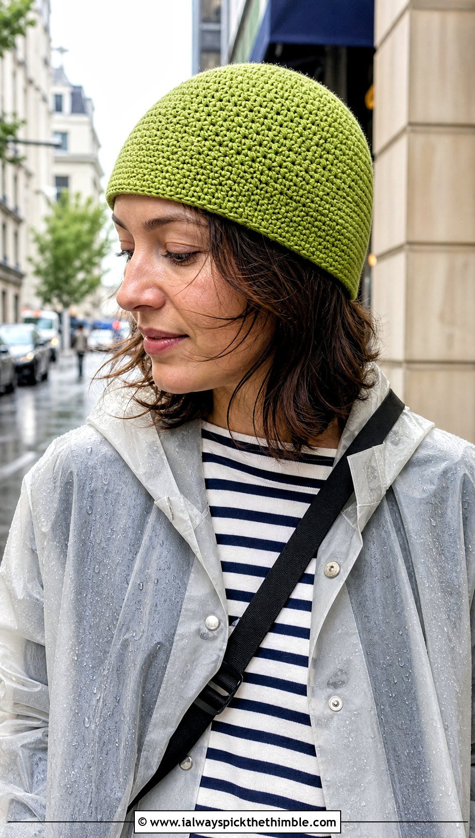 Cuffless Crochet Beanie With Raincoat - 25 crochet beanie outfit ideas