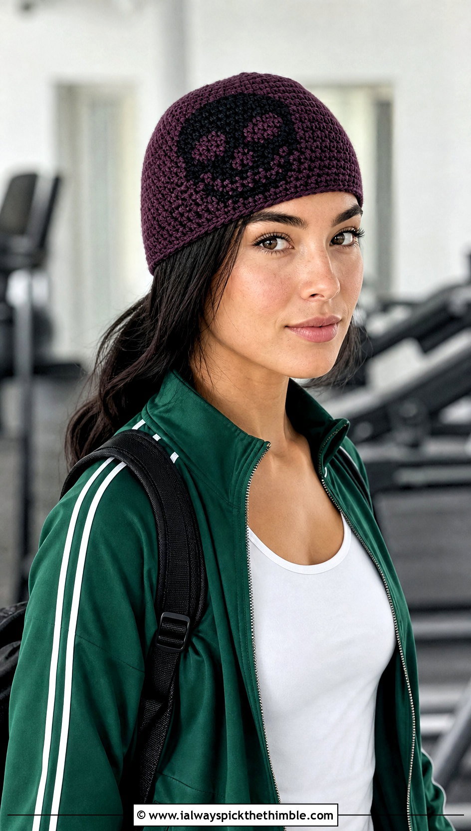 Cuffless Crochet Skull Beanie With Track Jacket - 20 crochet skull beanie outfit ideas
