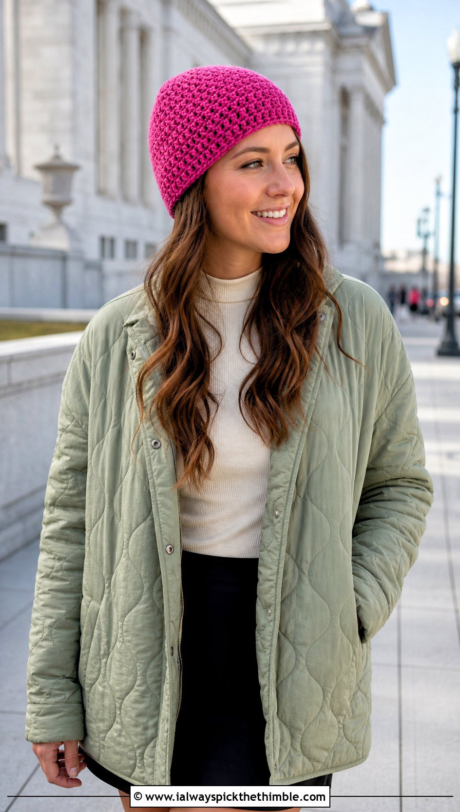 Cuffless Double Crochet Beanie With Quilted Jacket And Mini Skirt - 25 double crochet beanie outfit ideas