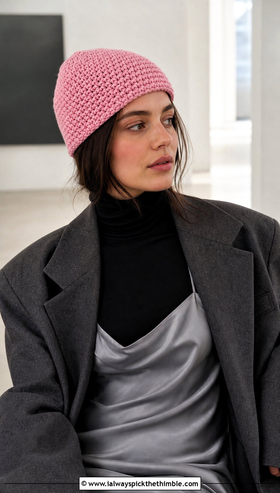 Cuffless Knit Look Crochet Beanie With Satin Slip Dress - 20 knit look crochet beanie outfit ideas