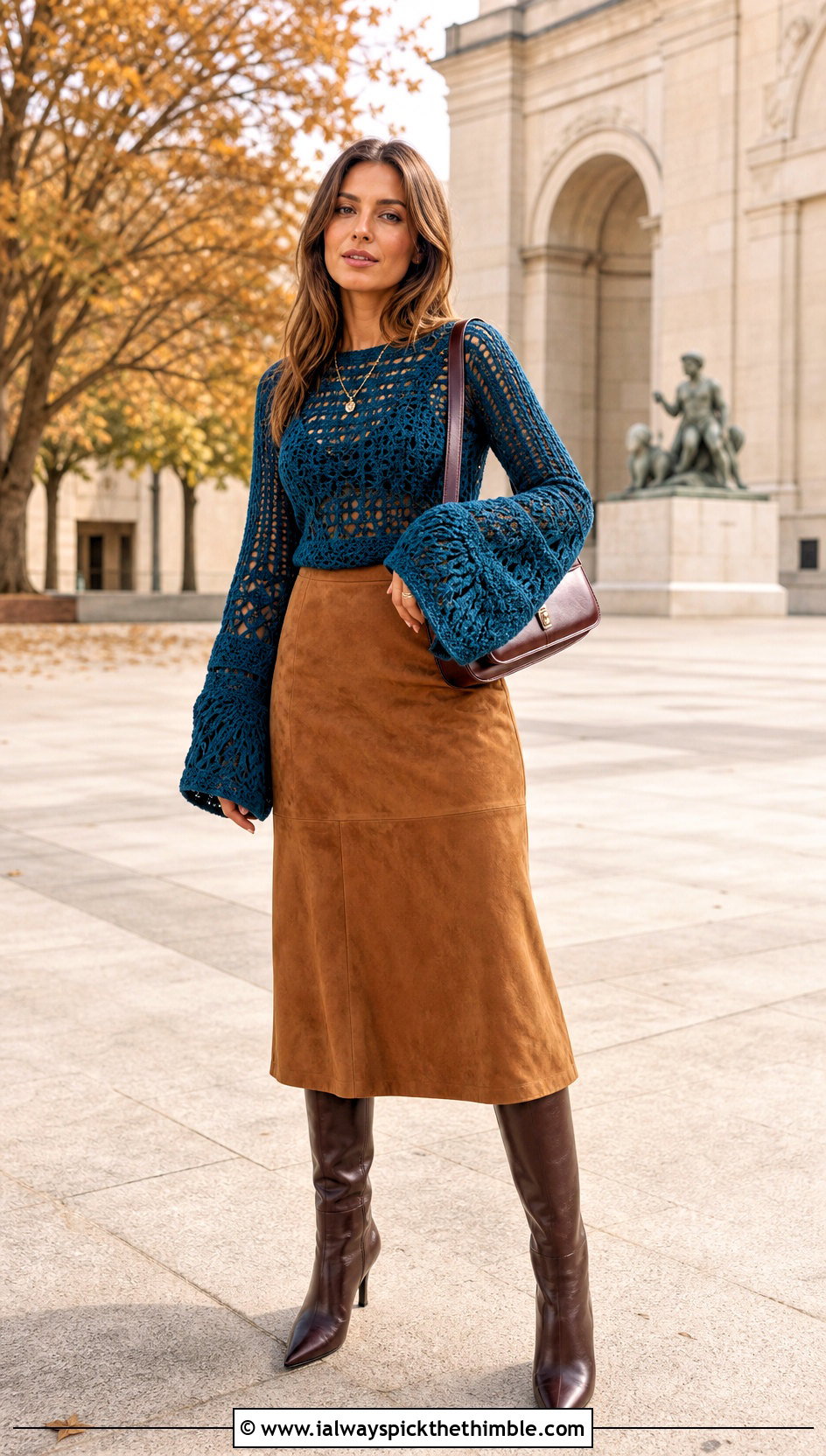 Cult Gaia Bell Sleeve Crochet Top With Suede Midi Skirt - 20 cult gaia crochet top outfit ideas