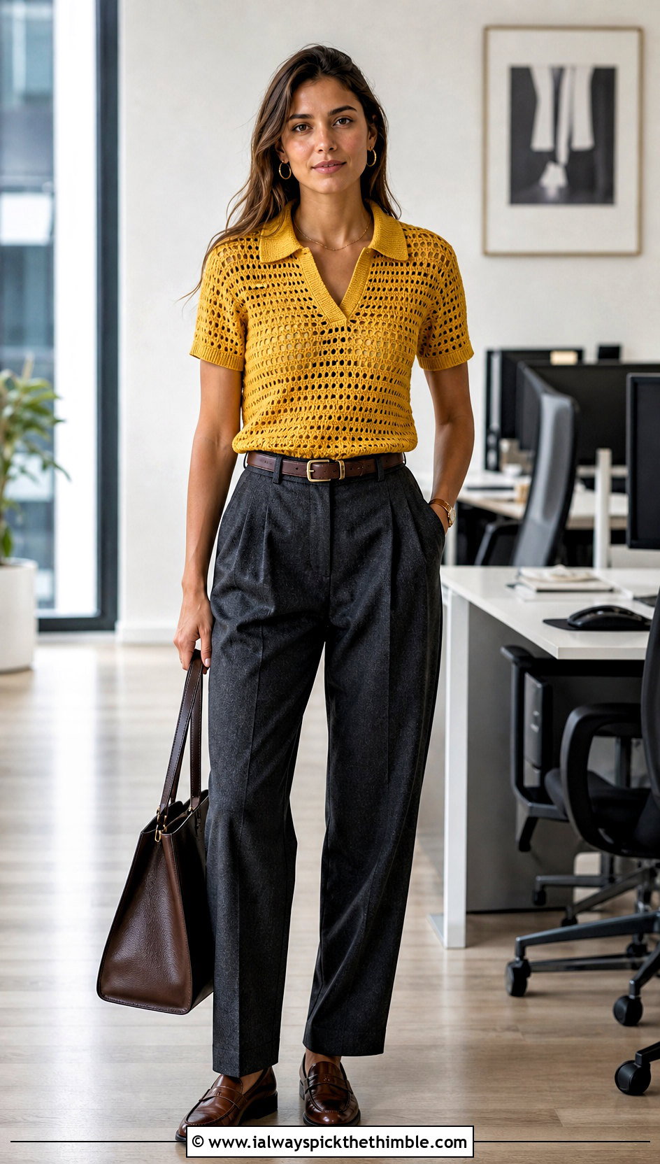 Cult Gaia Short Sleeve Crochet Polo Top With Tailored Trousers - 20 cult gaia crochet top outfit ideas