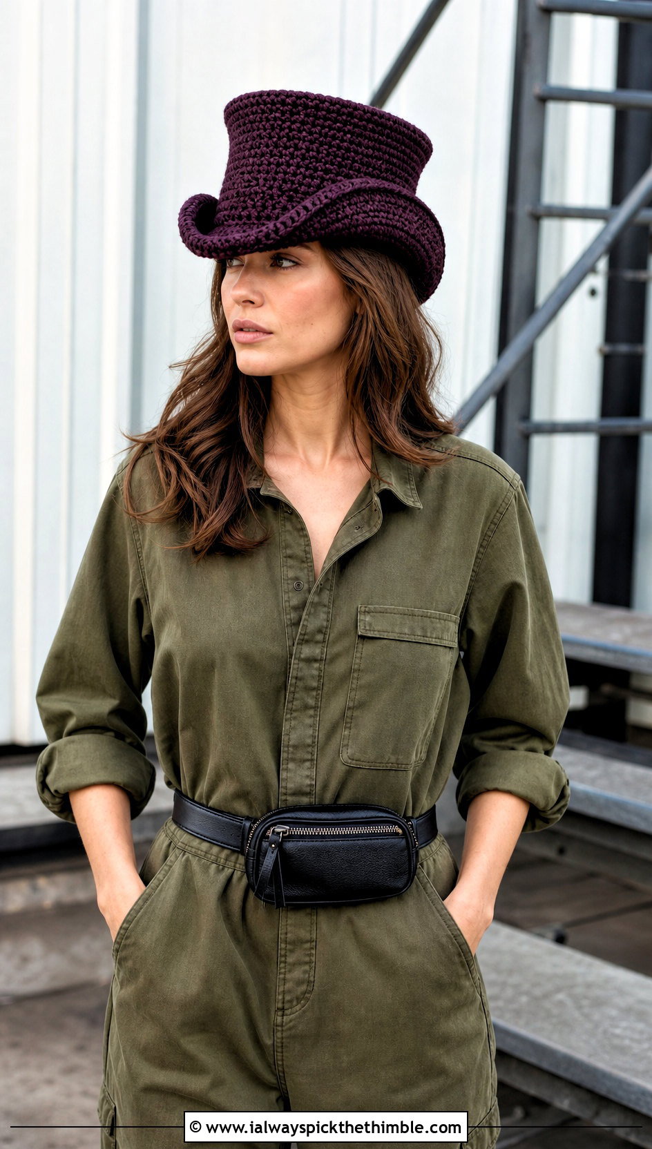 Curled Brim Crochet Top Hat With Utility Jumpsuit - 25 crochet top hat outfit ideas