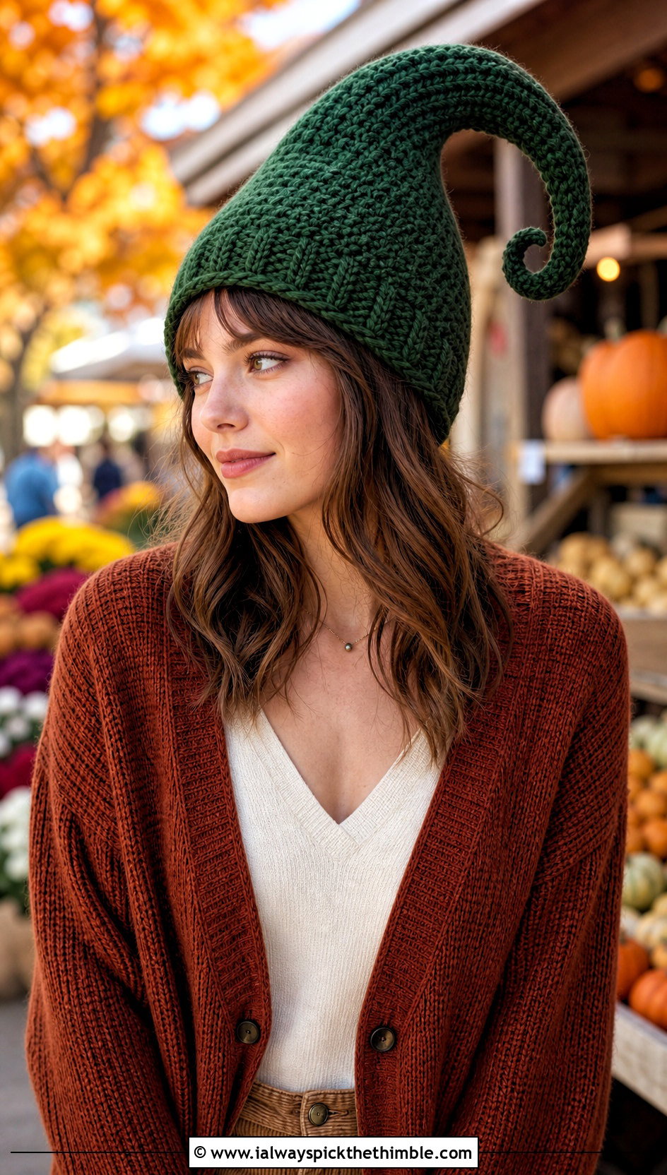 Curled Tip Elf Crochet Hat With Cardigan And Corduroy Pants - 20 pointy crochet hat outfit ideas