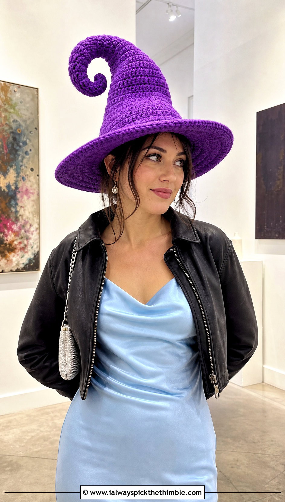 Curled Tip Slouchy Crochet Witch Hat With Satin Slip Dress - 20 slouchy crochet witch hat outfit ideas