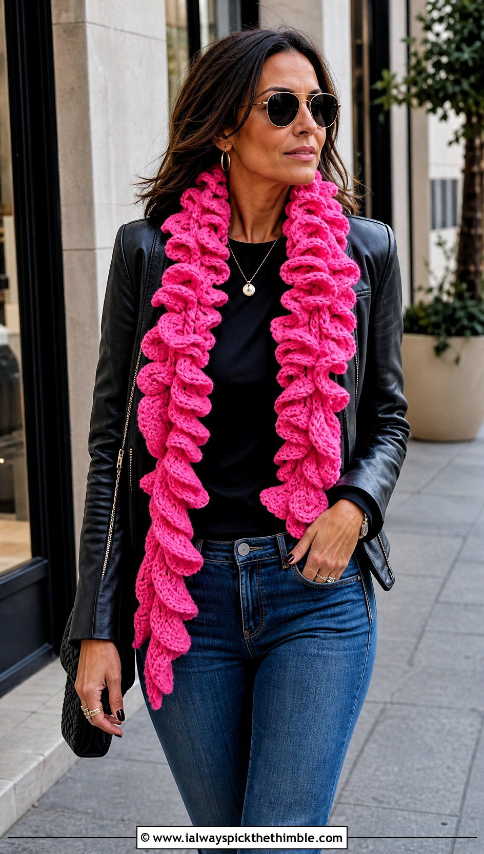 Curlicue Spiral Crochet Scarf With Leather Jacket - 15 easy spiral crochet scarf outfit ideas