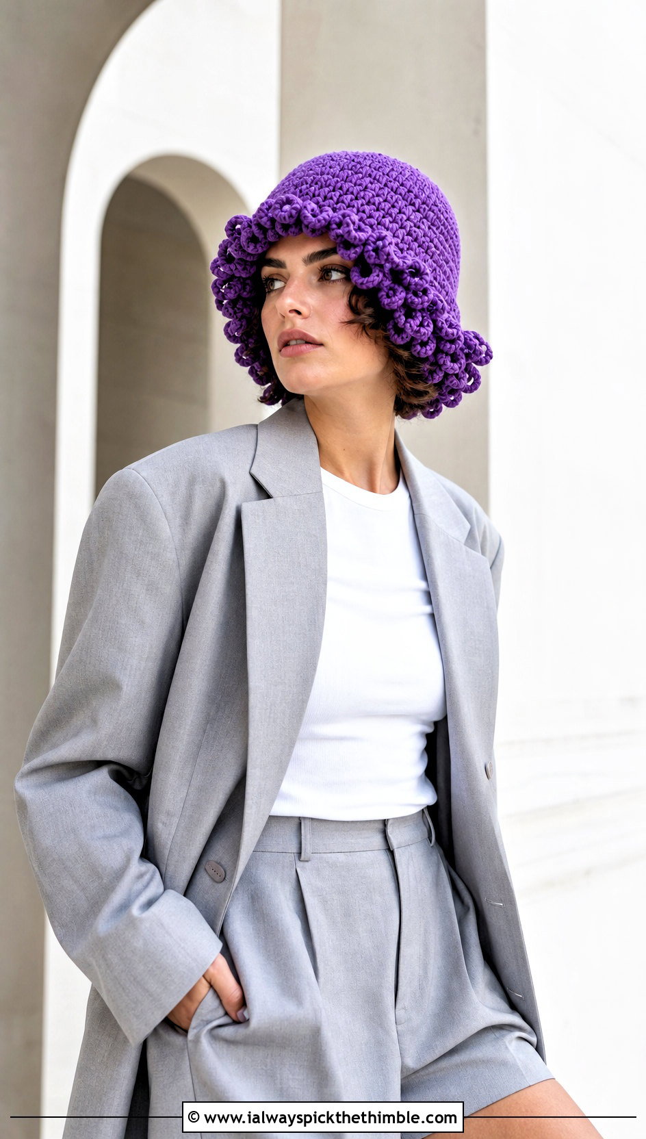 Curly Bob Cabbage Patch Crochet Hat With Blazer And Bermuda Shorts - 20 Cabbage Patch Crochet Hat outfit ideas