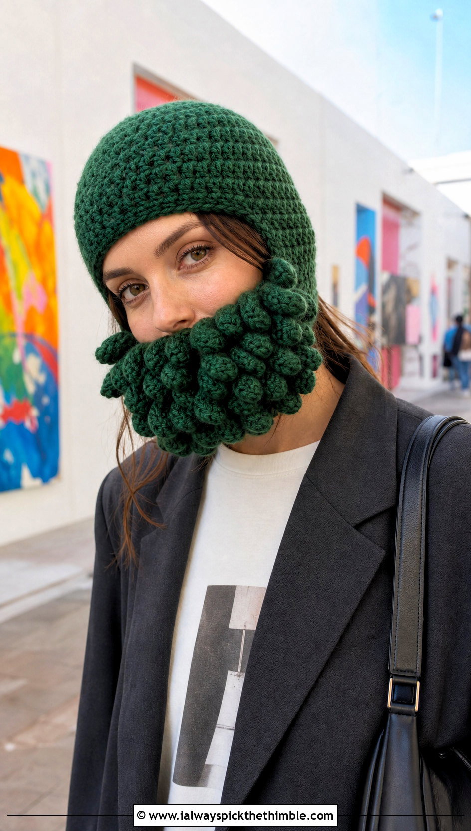Curly Crochet Beard Beanie With Blazer - 15 Crochet Hat With Beard outfit ideas