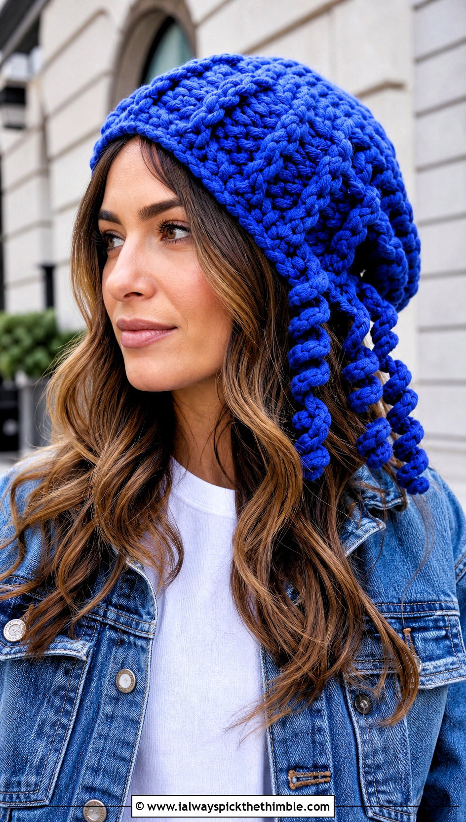 Curly Cue Beanie With Denim Jacket - 20 Crochet Curly Cue Hat outfit ideas
