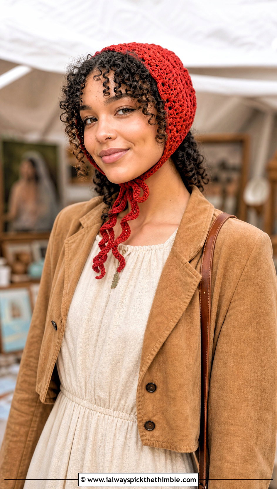 Curly Cue Bonnet With Maxi Dress - 20 Crochet Curly Cue Hat outfit ideas