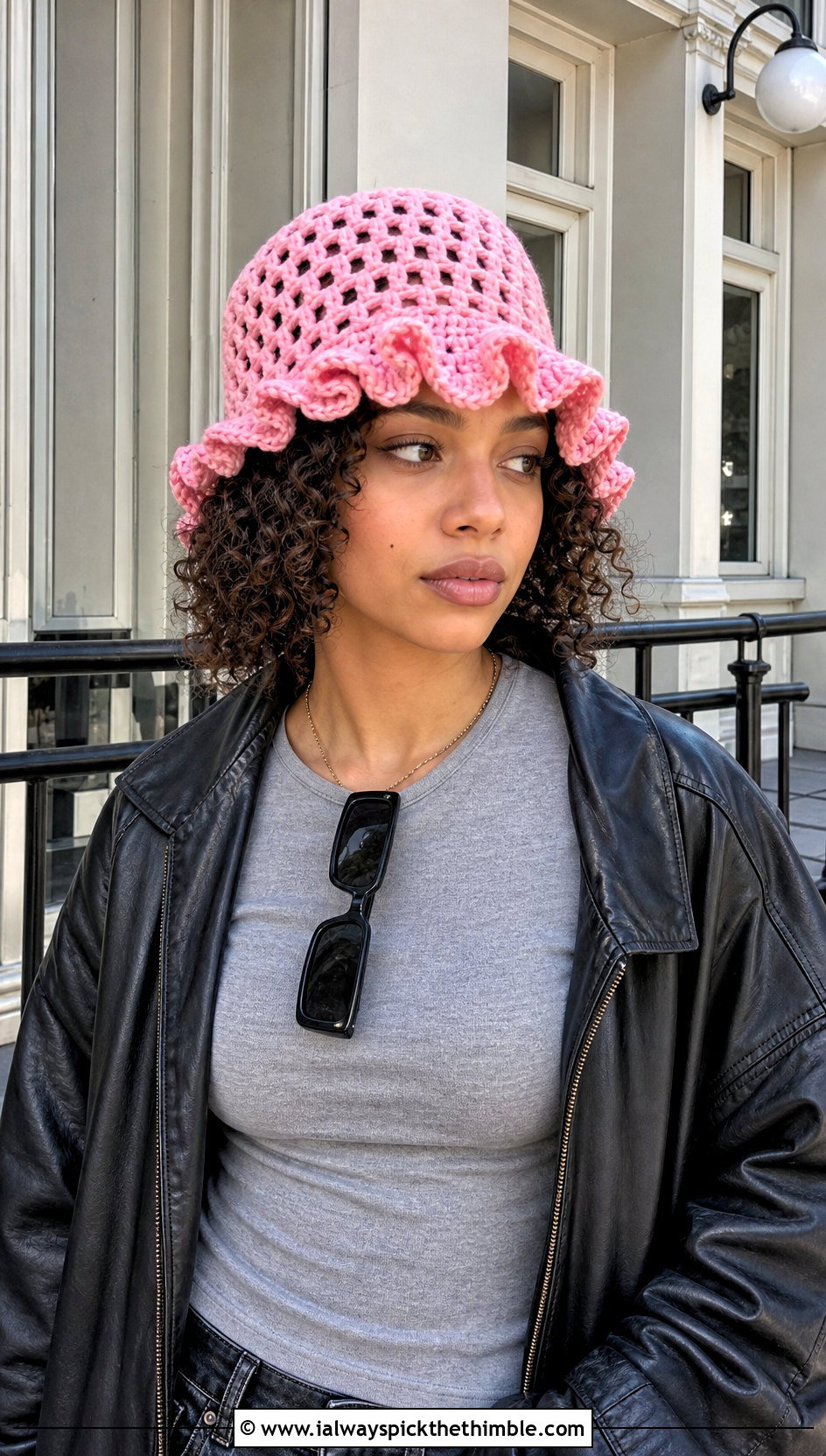 Curly Cue Bucket Hat With Leather Jacket - 20 Crochet Curly Cue Hat outfit ideas