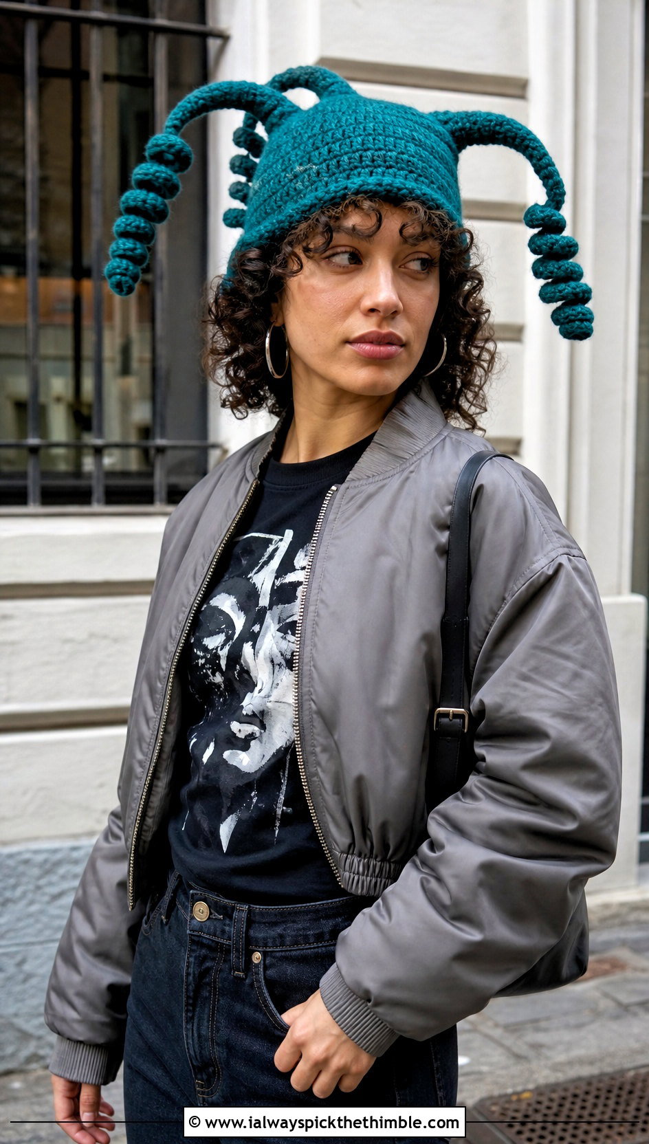Curly Cue Jester Beanie With Graphic Tee - 20 Crochet Curly Cue Hat outfit ideas