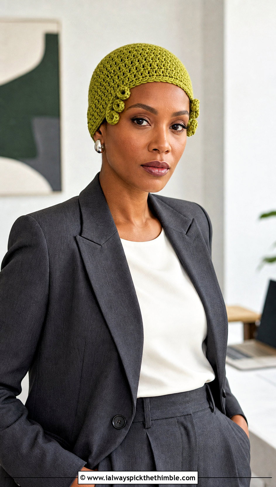 Curly Cue Skull Cap With Trouser Suit - 20 Crochet Curly Cue Hat outfit ideas