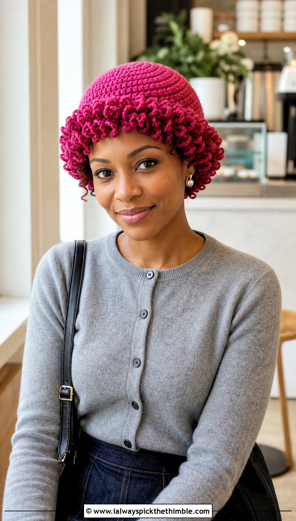 Curly Cue Spiral Cap With Cardigan And Midi Skirt - 20 Crochet Curly Cue Hat outfit ideas