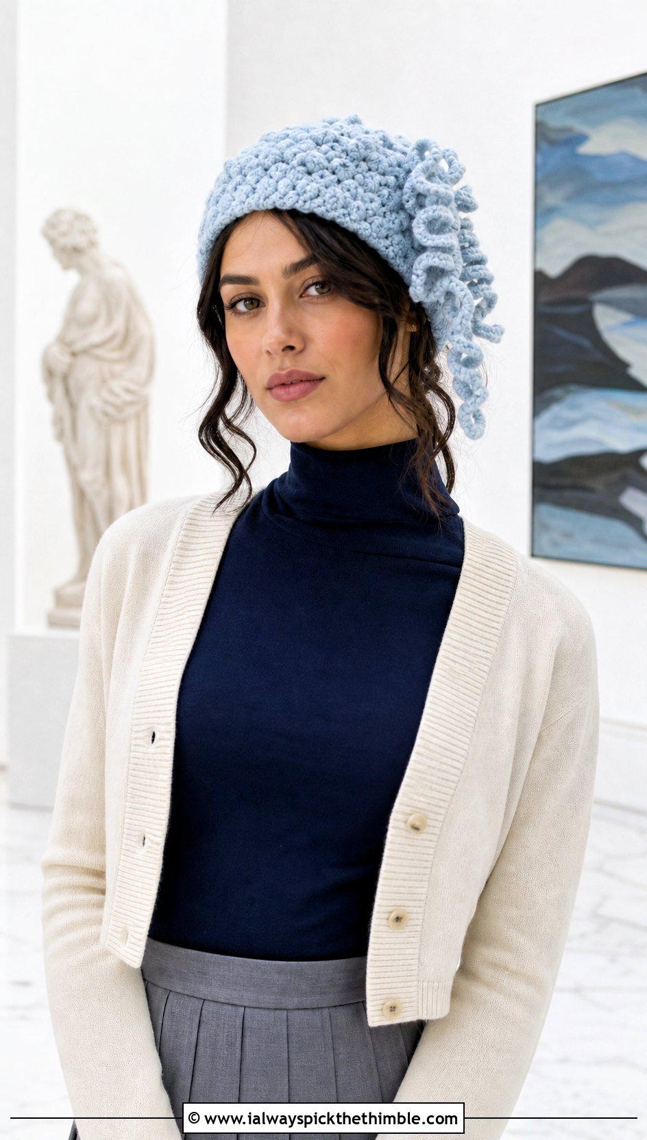 Curly Cue Tam Hat With Pleated Skirt - 20 Crochet Curly Cue Hat outfit ideas