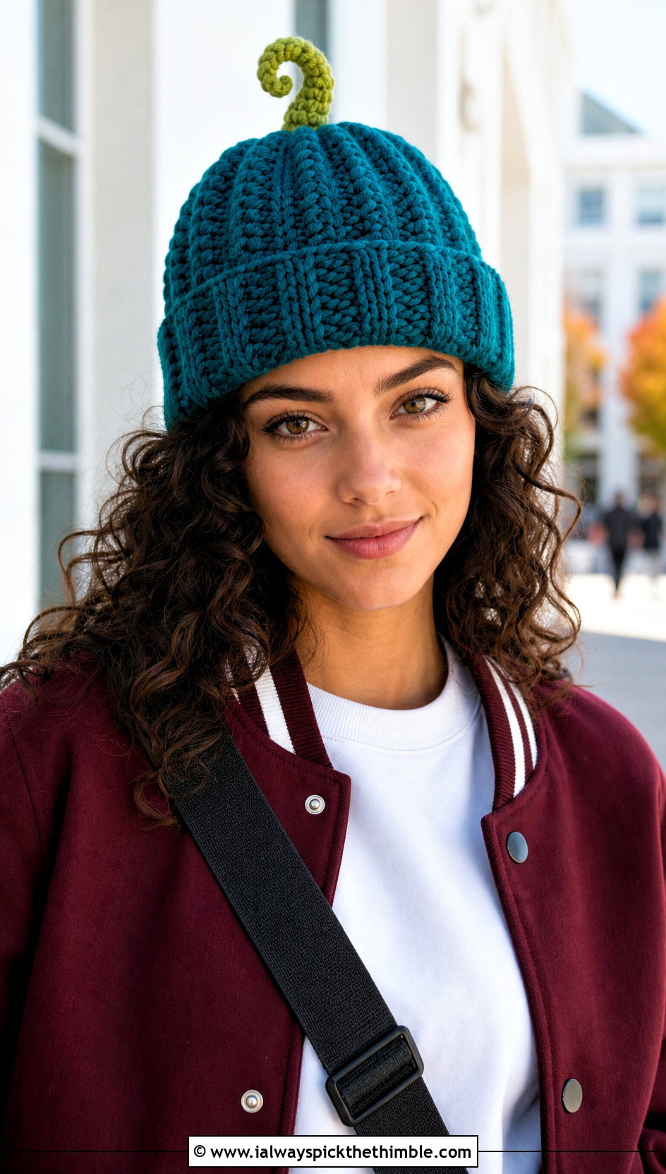 Curly Stem Crochet Pumpkin Beanie With Varsity Jacket - 20 crochet pumpkin beanie outfit ideas