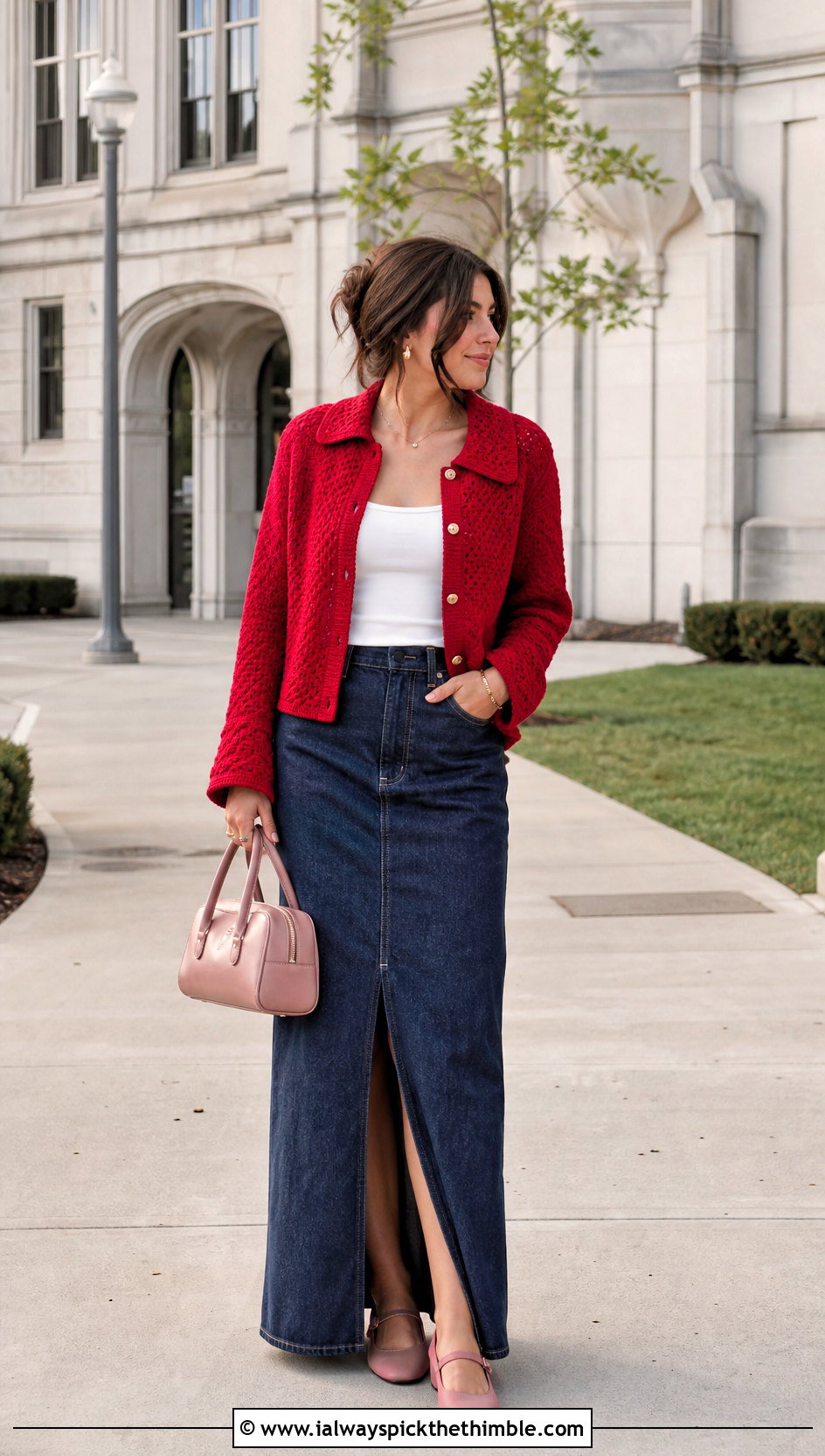 Currant Collared Crochet Cardigan With Denim Maxi Skirt - 15 currant crochet cardigan outfit ideas