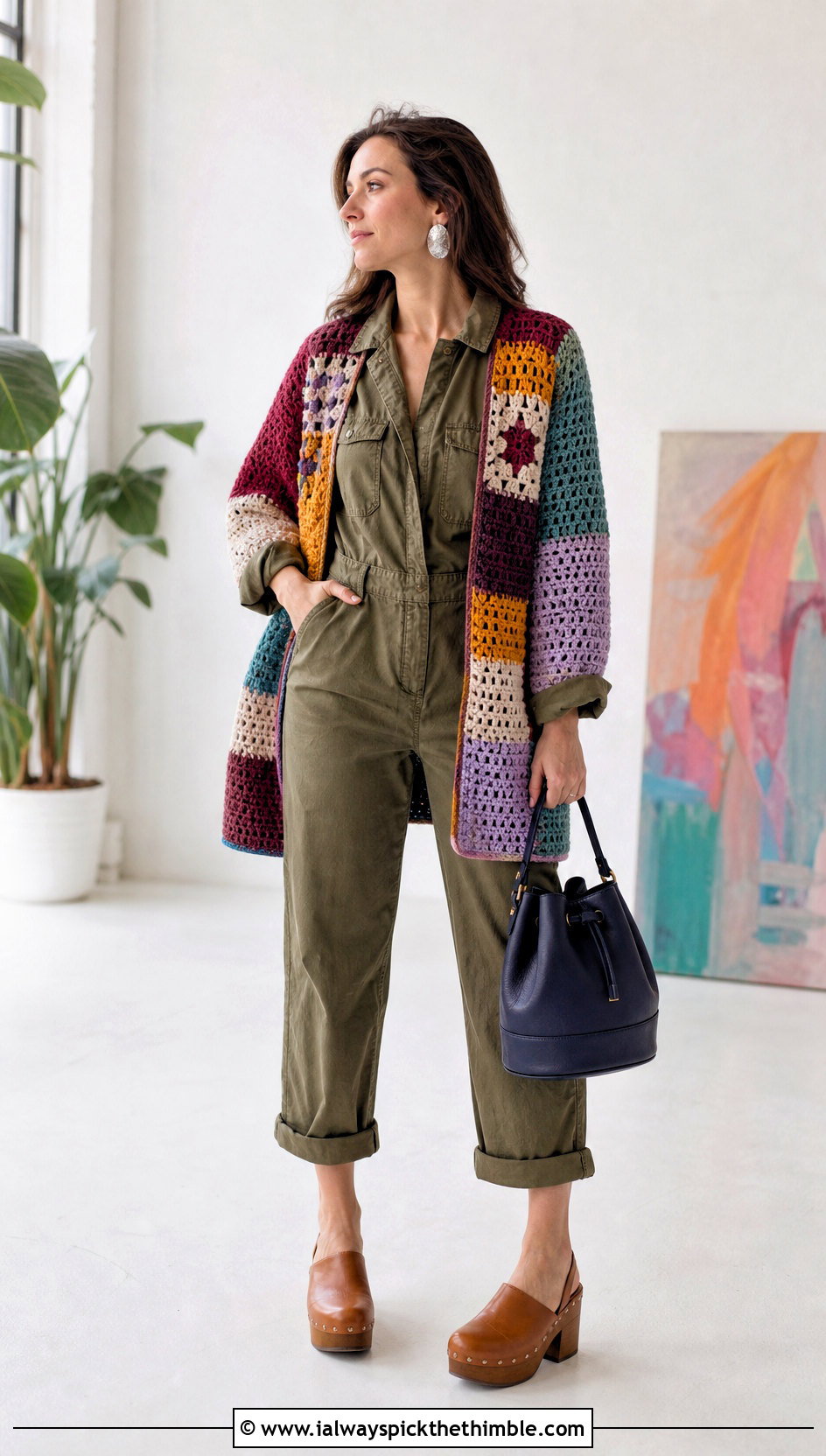 Currant Patchwork Crochet Cardigan With Utility Jumpsuit - 15 currant crochet cardigan outfit ideas