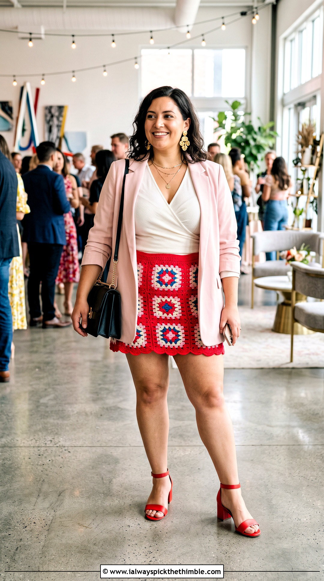 Curve Fit Granny Square Mini Skirt With Wrap Top And Block Heels - 20 granny square mini skirt outfit ideas