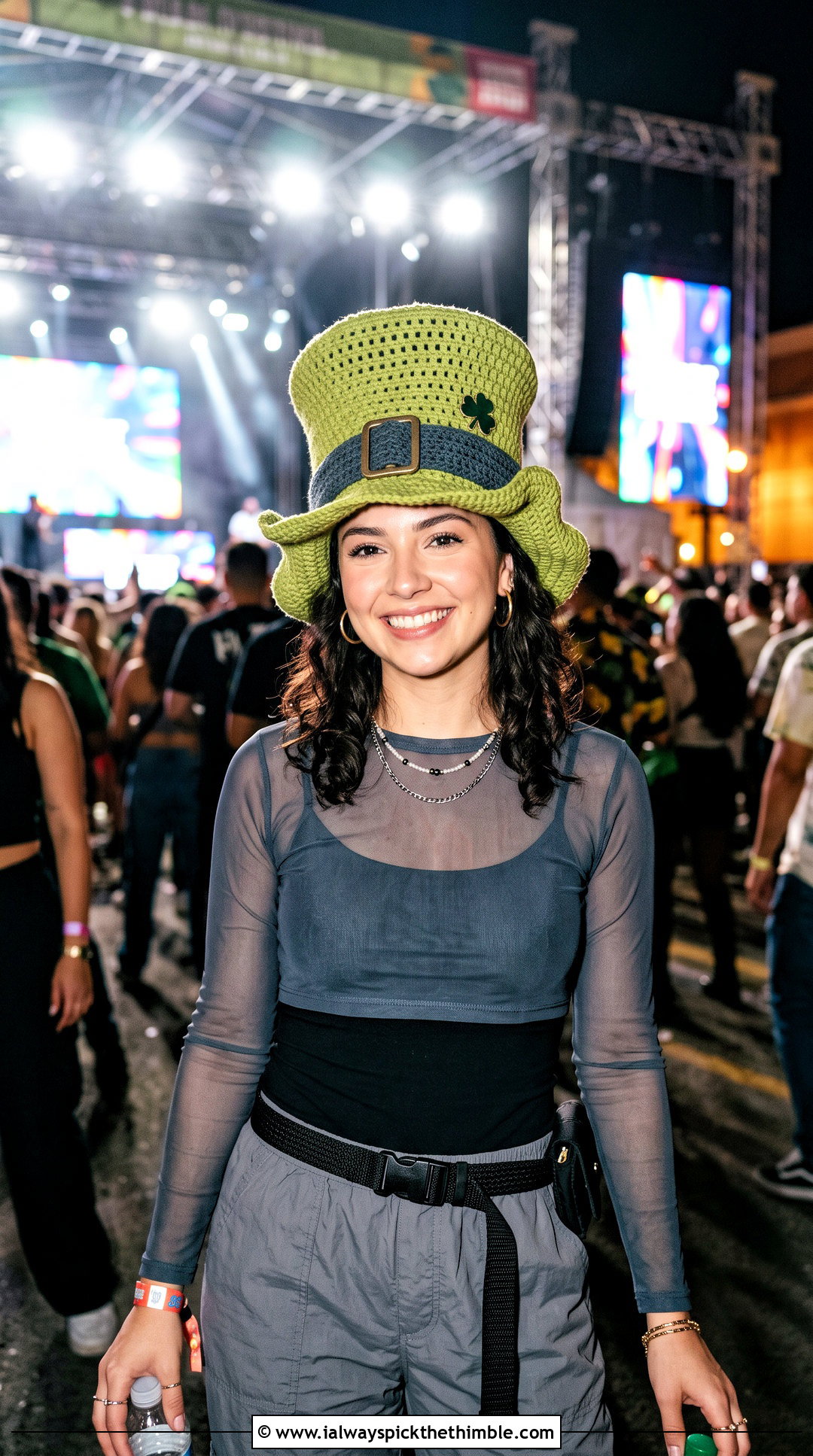 Curved Brim Crochet Leprechaun Top Hat With Parachute Pants - 20 Crochet Leprechaun Hat outfit ideas