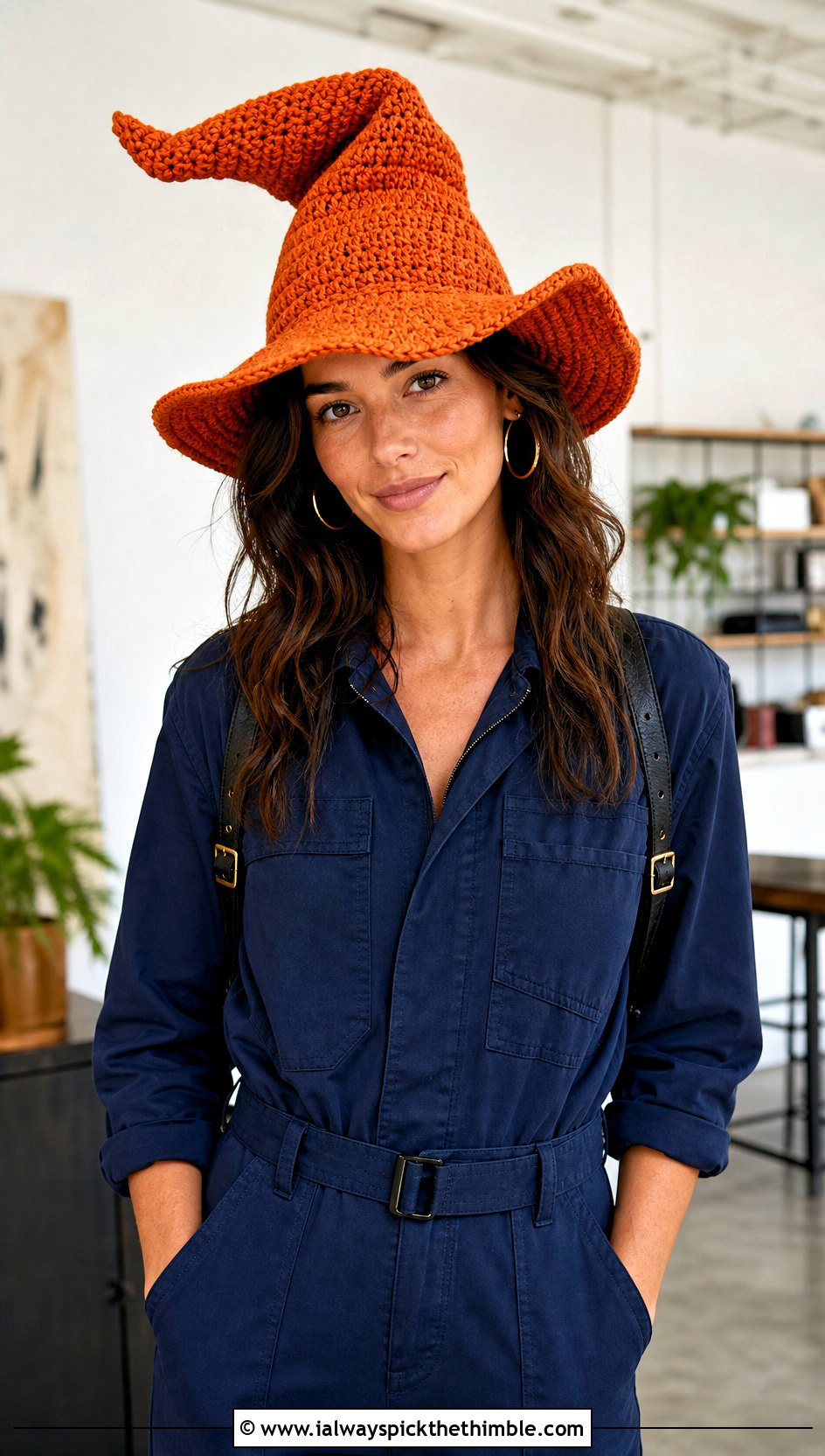 Curved Brim Slouchy Crochet Witch Hat With Utility Jumpsuit - 20 slouchy crochet witch hat outfit ideas