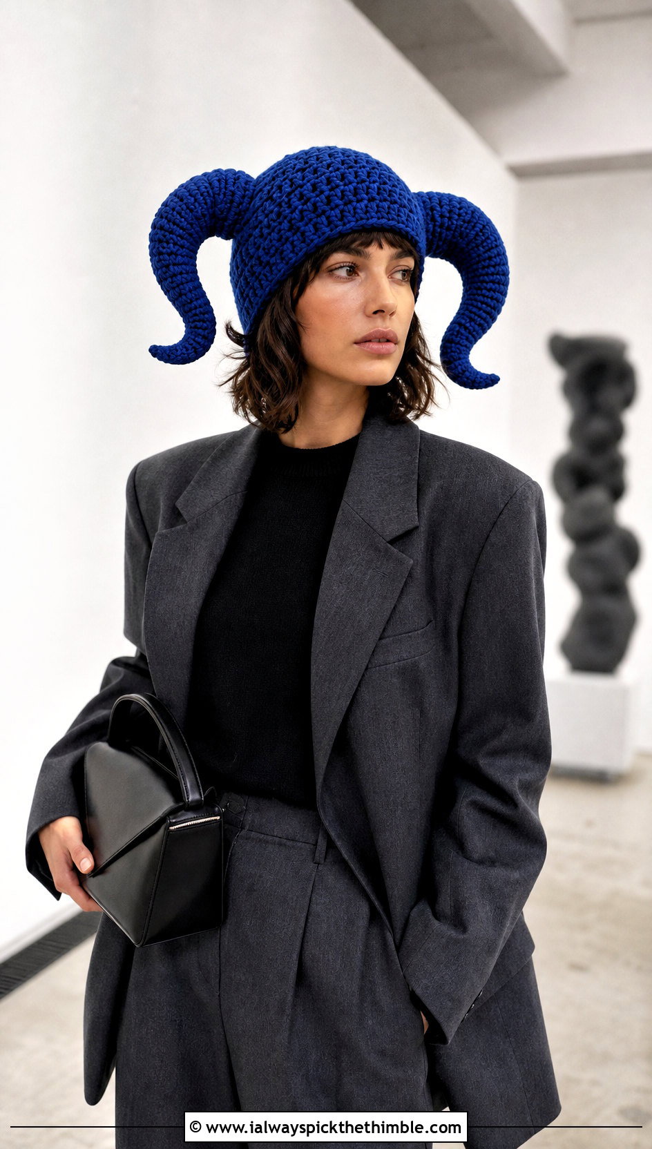 Curved Ram Horn Crochet Hat With Tailored Blazer - 20 crochet hat with horns outfit ideas
