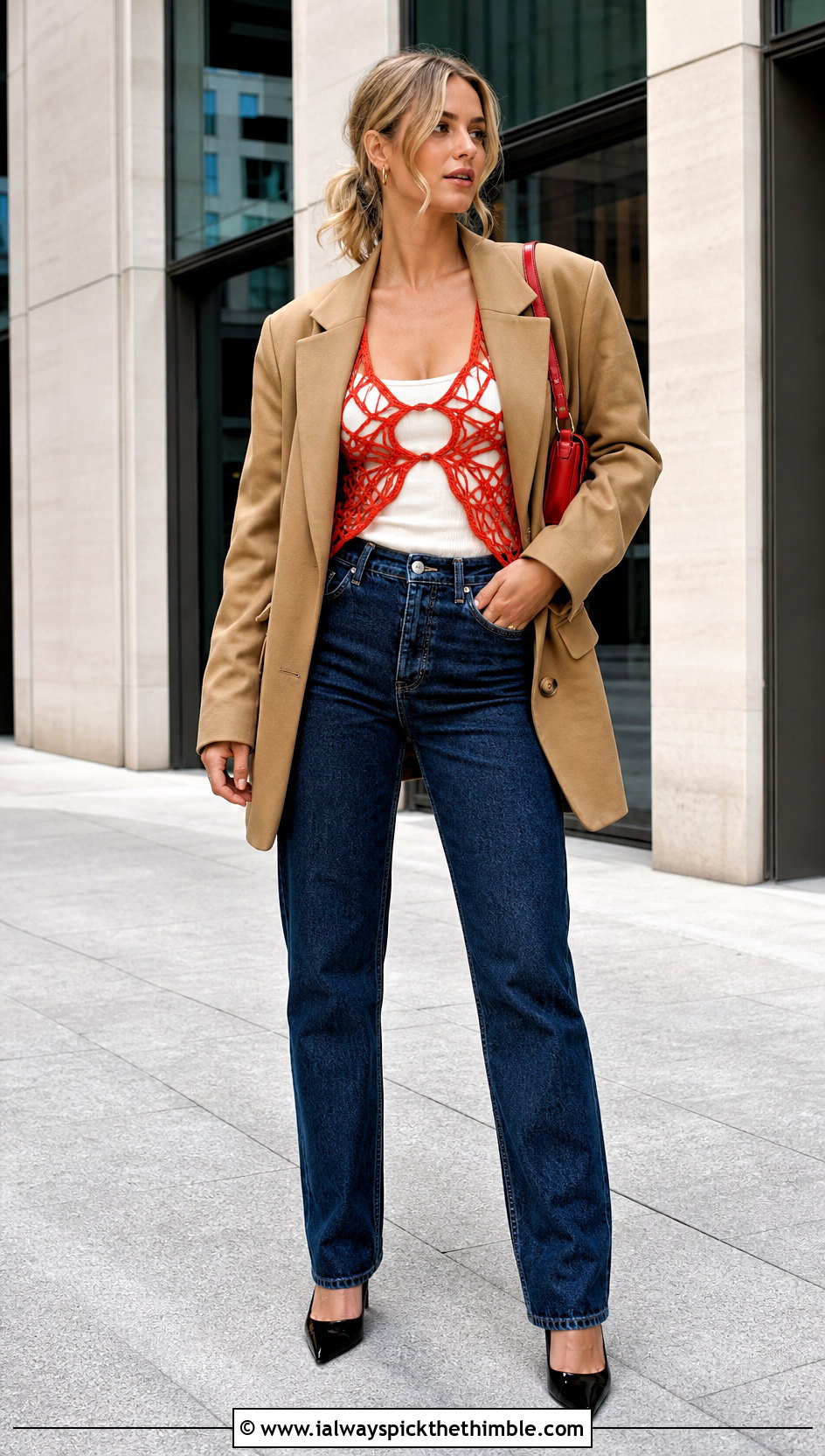 Cutout Crochet Harness Top With Blazer And Jeans - 15 Crochet Harness Top outfit ideas