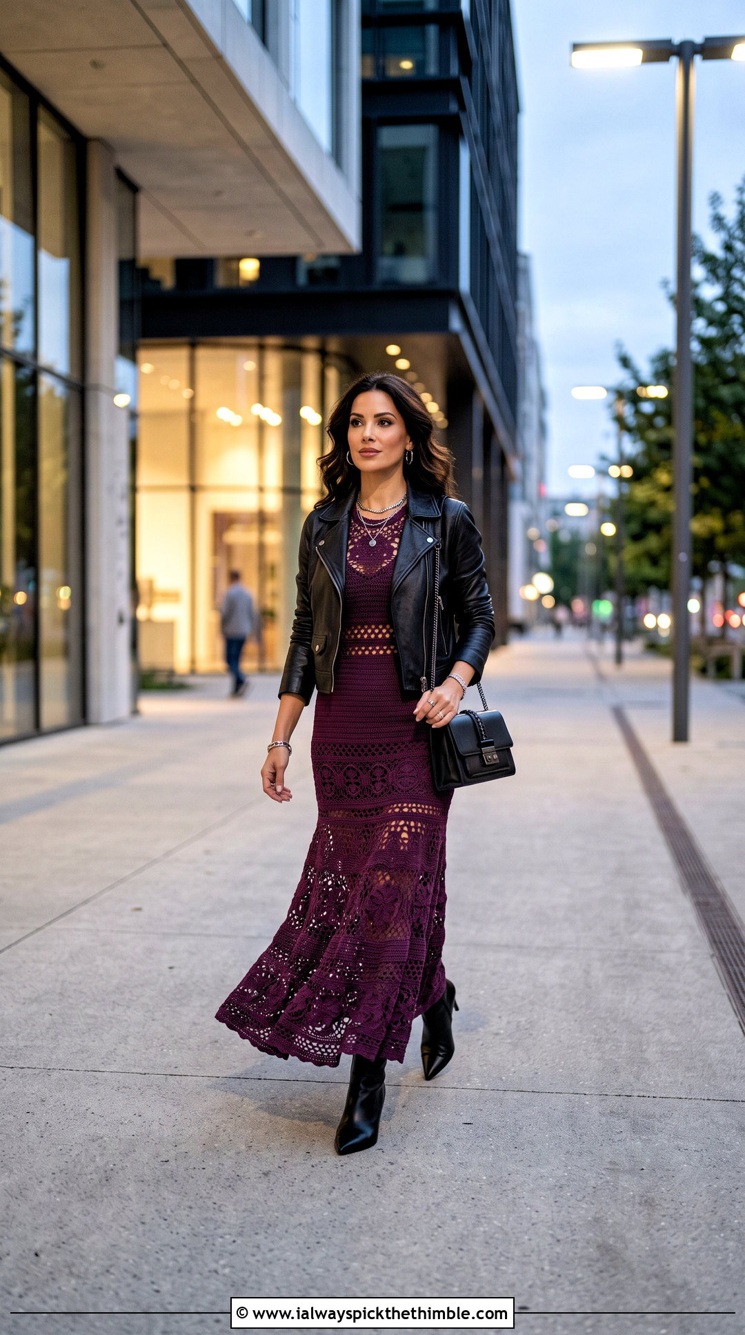 Cutout Crochet Maxi Dress With Moto Jacket - 20 crochet a dress for women outfit ideas