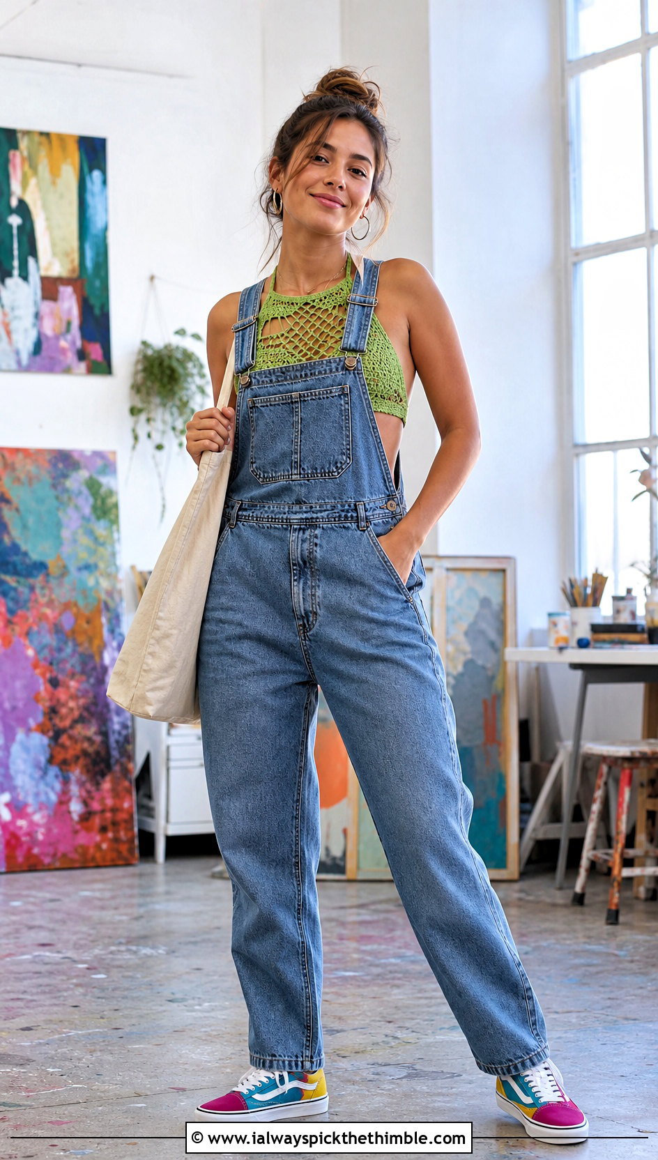 Cutout Crochet Sports Bra With Relaxed Overalls - 20 crochet sports bra outfit ideas