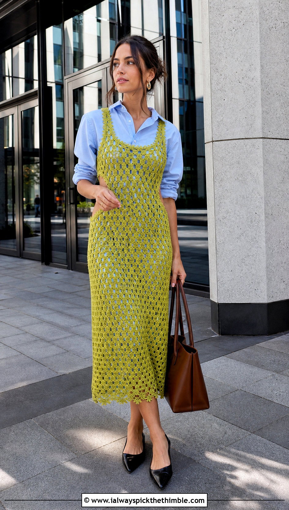 Cutout Crochet Sundress With Oxford Shirt - 25 crochet sundress outfit ideas