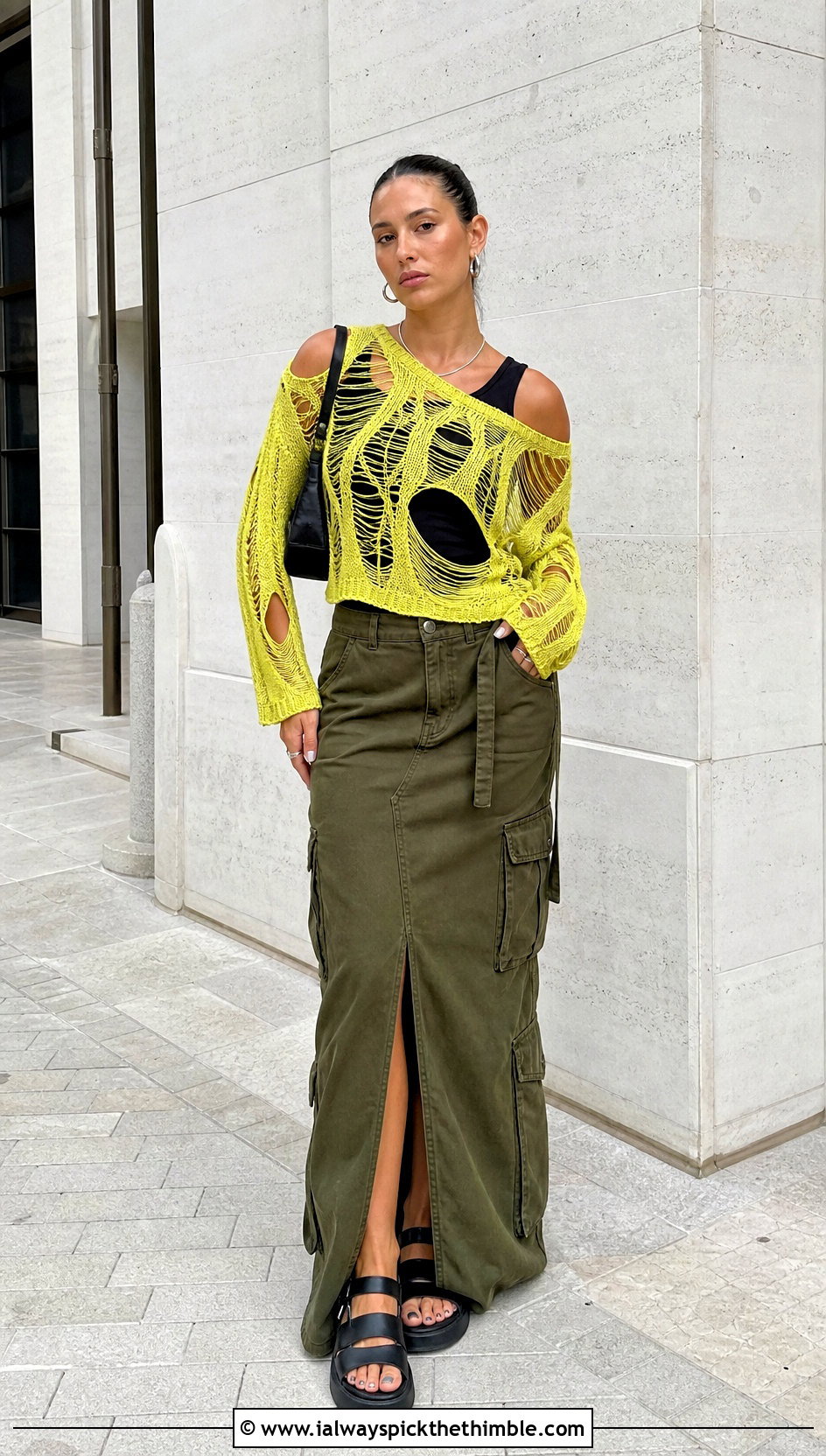 Cutout Distressed Crochet Sweater With Cargo Maxi Skirt - 25 distressed crochet sweater outfit ideas