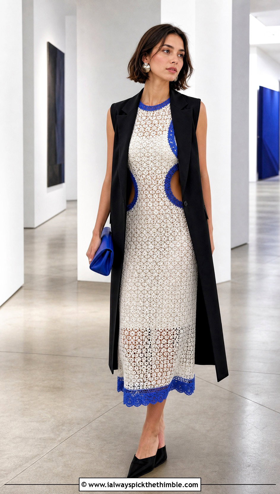Cutout White Crochet Midi Dress With Tailored Vest - 20 White Crochet Midi Dress outfit ideas