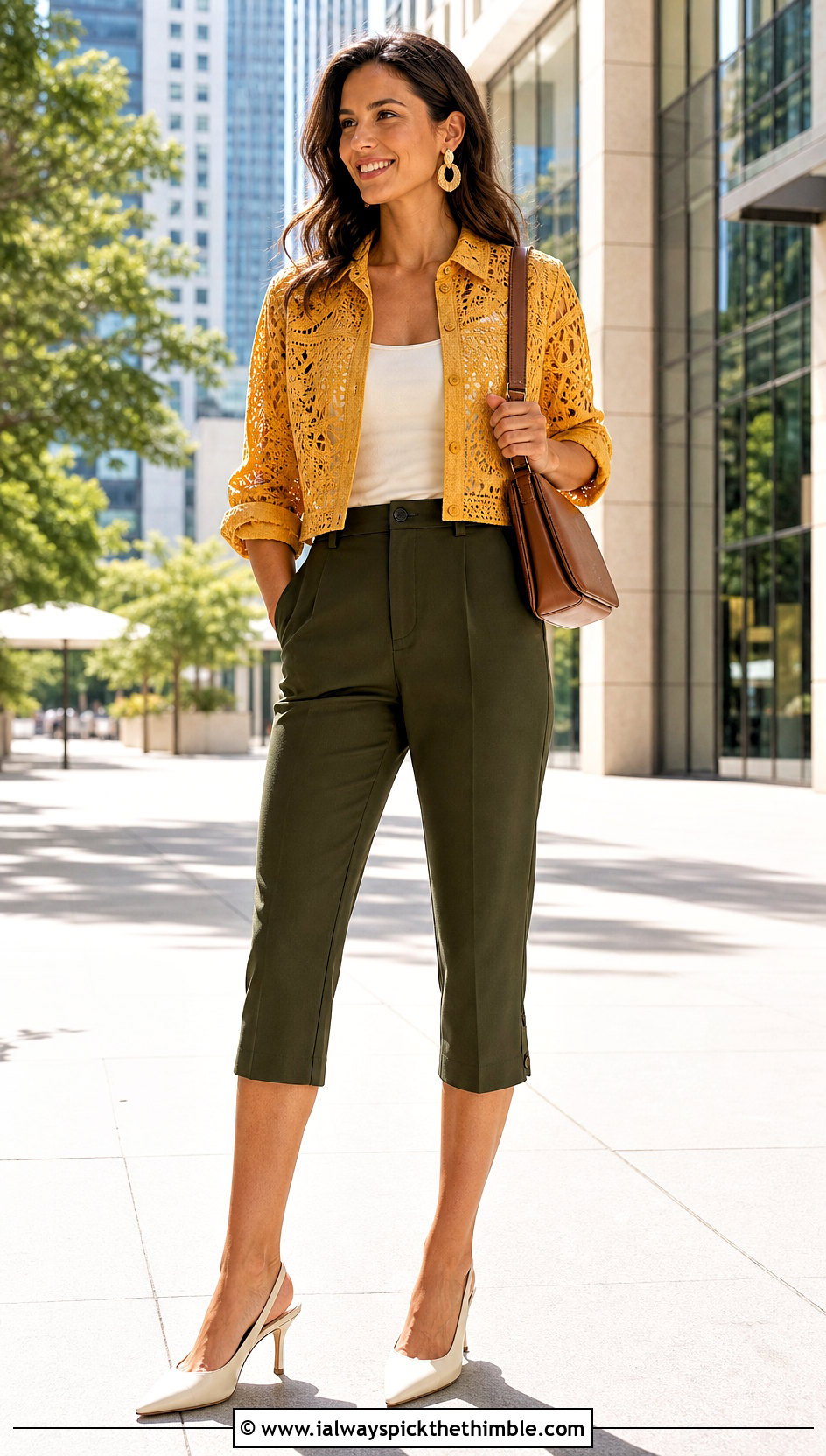 Cutwork Crochet Shirt With Tailored Capri Pants - 25 styling crochet tops outfit ideas