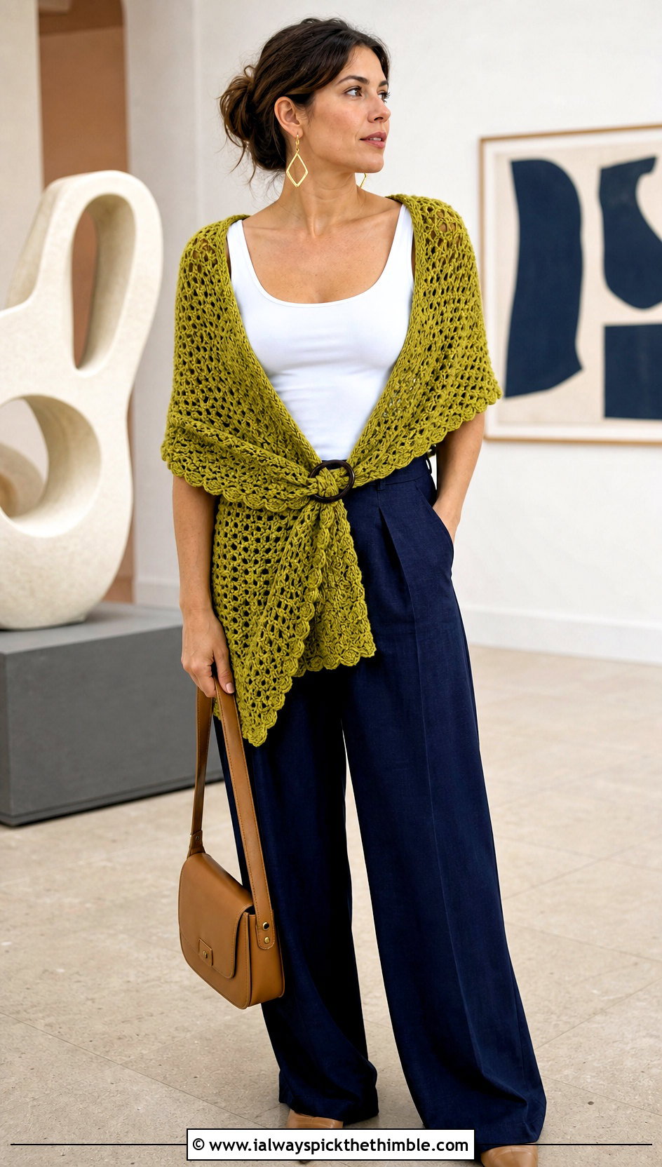 Cypress Key Wrap With Wide Leg Trousers - 15 kristin omdahl crochet shawl outfit ideas