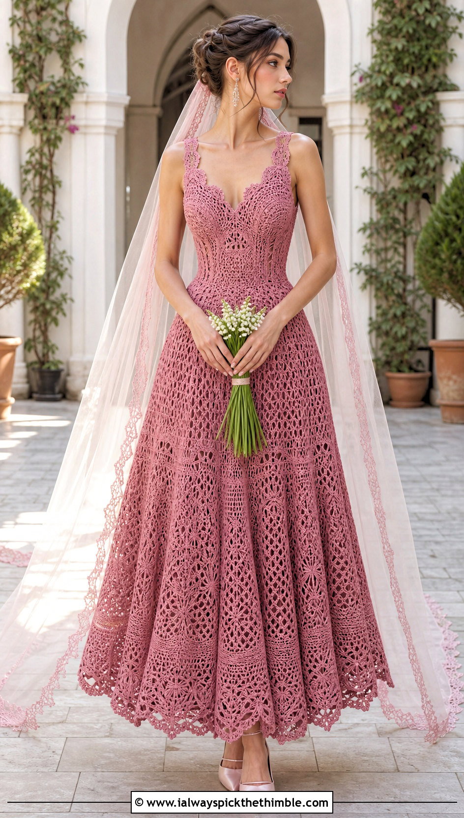 DIY Basque Waist Crochet Wedding Dress With Long Veil - 25 diy crochet wedding dress outfit ideas