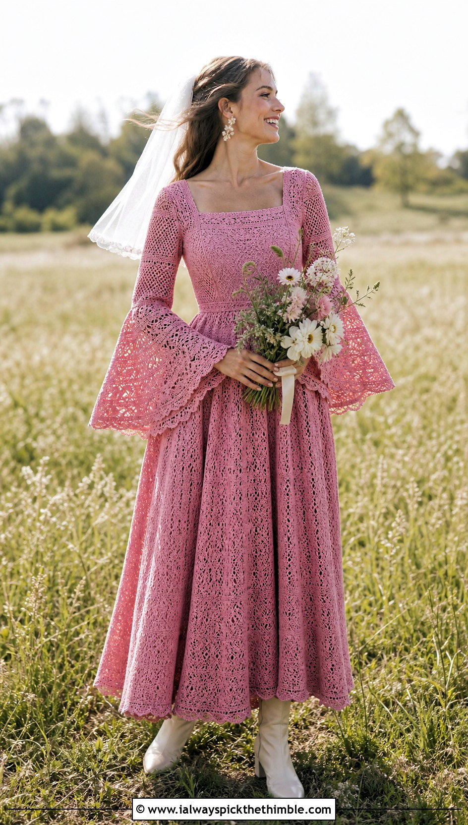 DIY Bell Sleeve Prairie Crochet Wedding Dress With Leather Boots - 25 diy crochet wedding dress outfit ideas