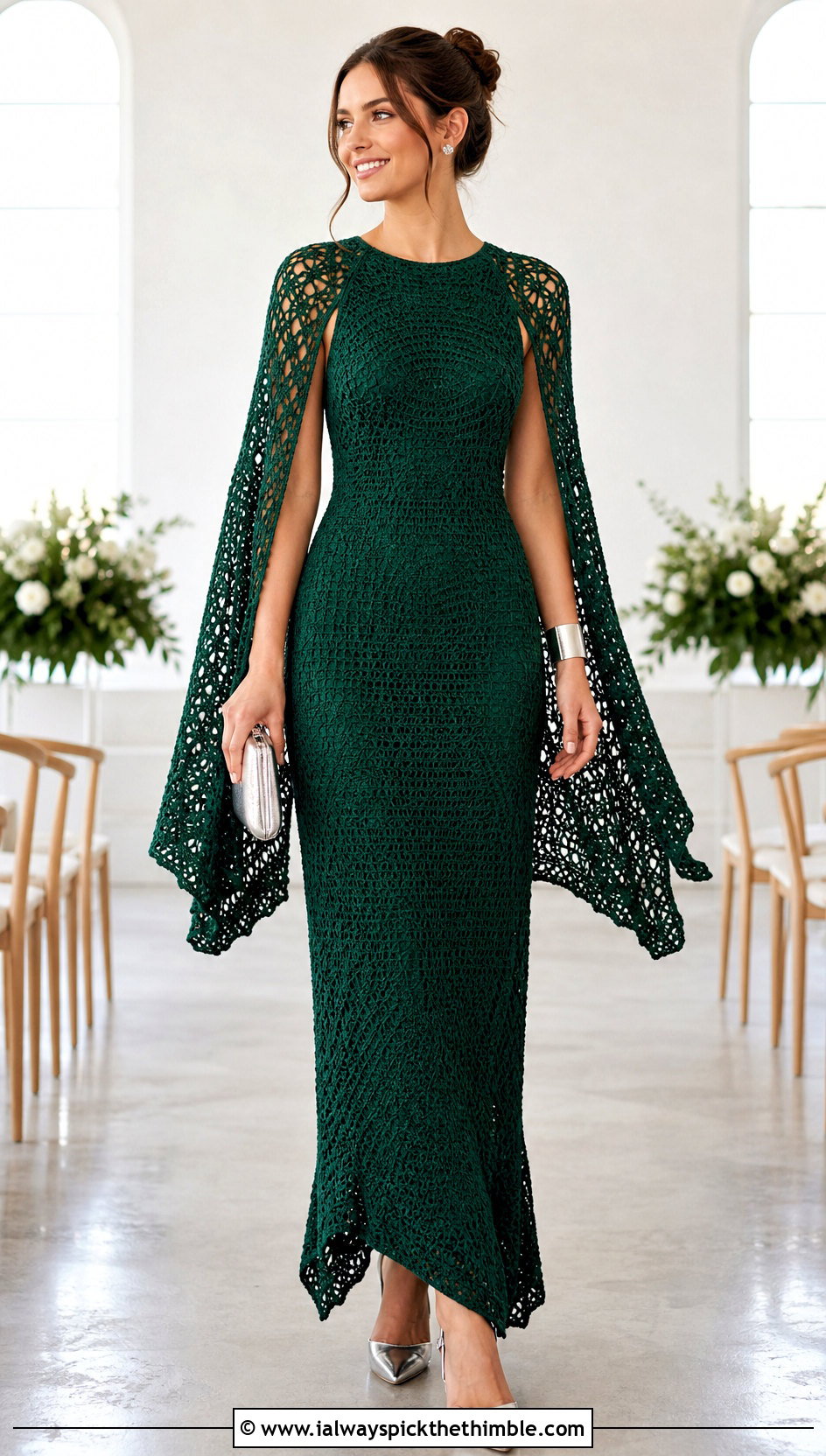 DIY Cape Sleeve Column Crochet Wedding Dress With Silver Cuff - 25 diy crochet wedding dress outfit ideas