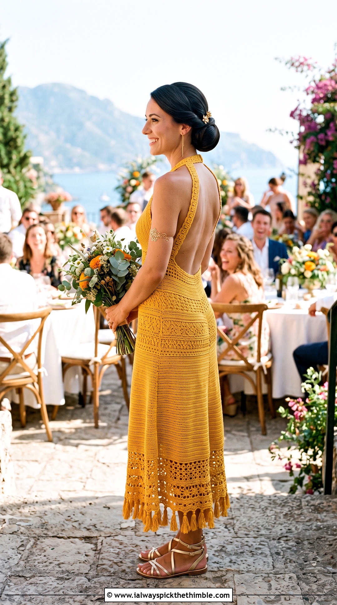 DIY Halter Backless Crochet Wedding Dress With Gold Jewelry - 25 diy crochet wedding dress outfit ideas