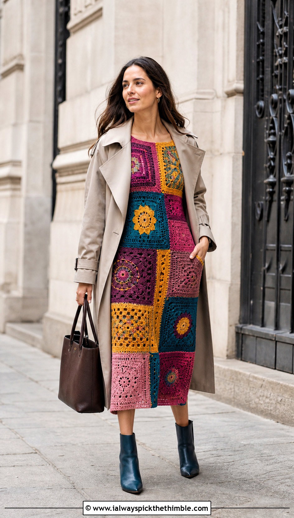 DIY Patchwork Crochet Dress With Trench Coat - 25 diy crochet dress outfit ideas