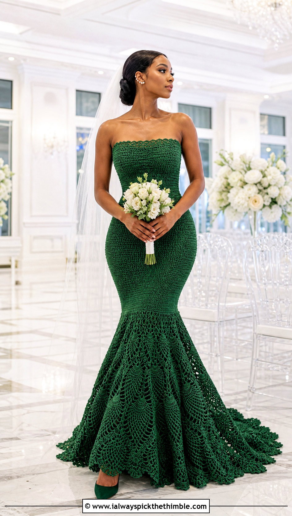 DIY Pineapple Stitch Mermaid Crochet Wedding Dress With Sheer Veil - 25 diy crochet wedding dress outfit ideas