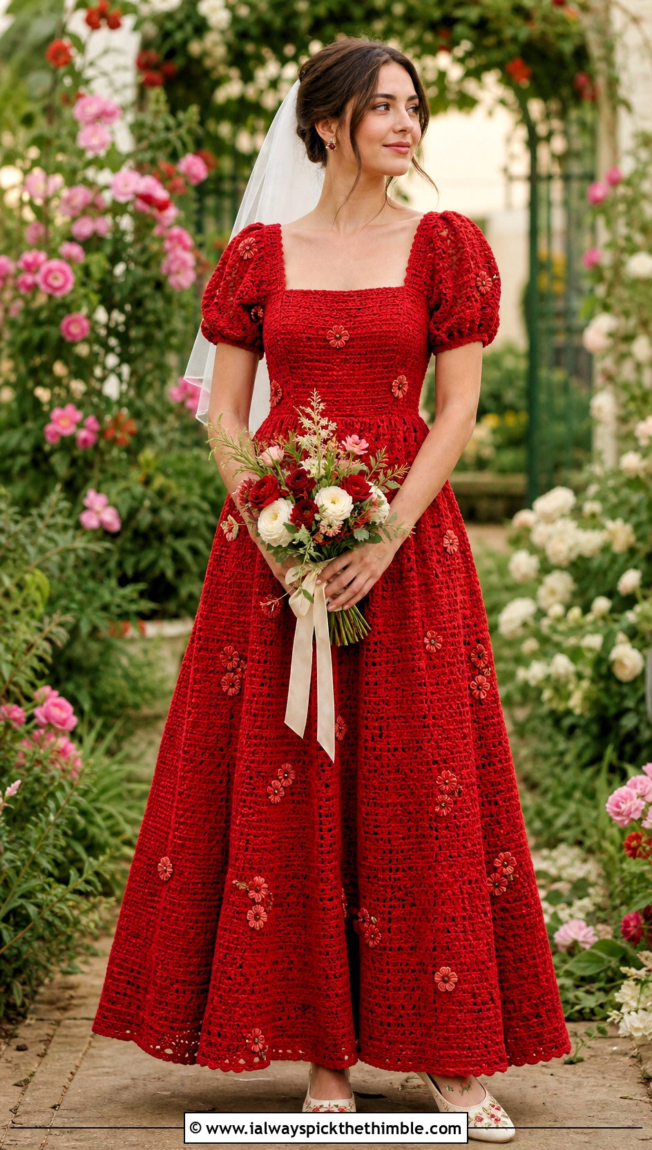 DIY Puff Sleeve Garden Crochet Wedding Dress With Floral Shoes - 25 diy crochet wedding dress outfit ideas