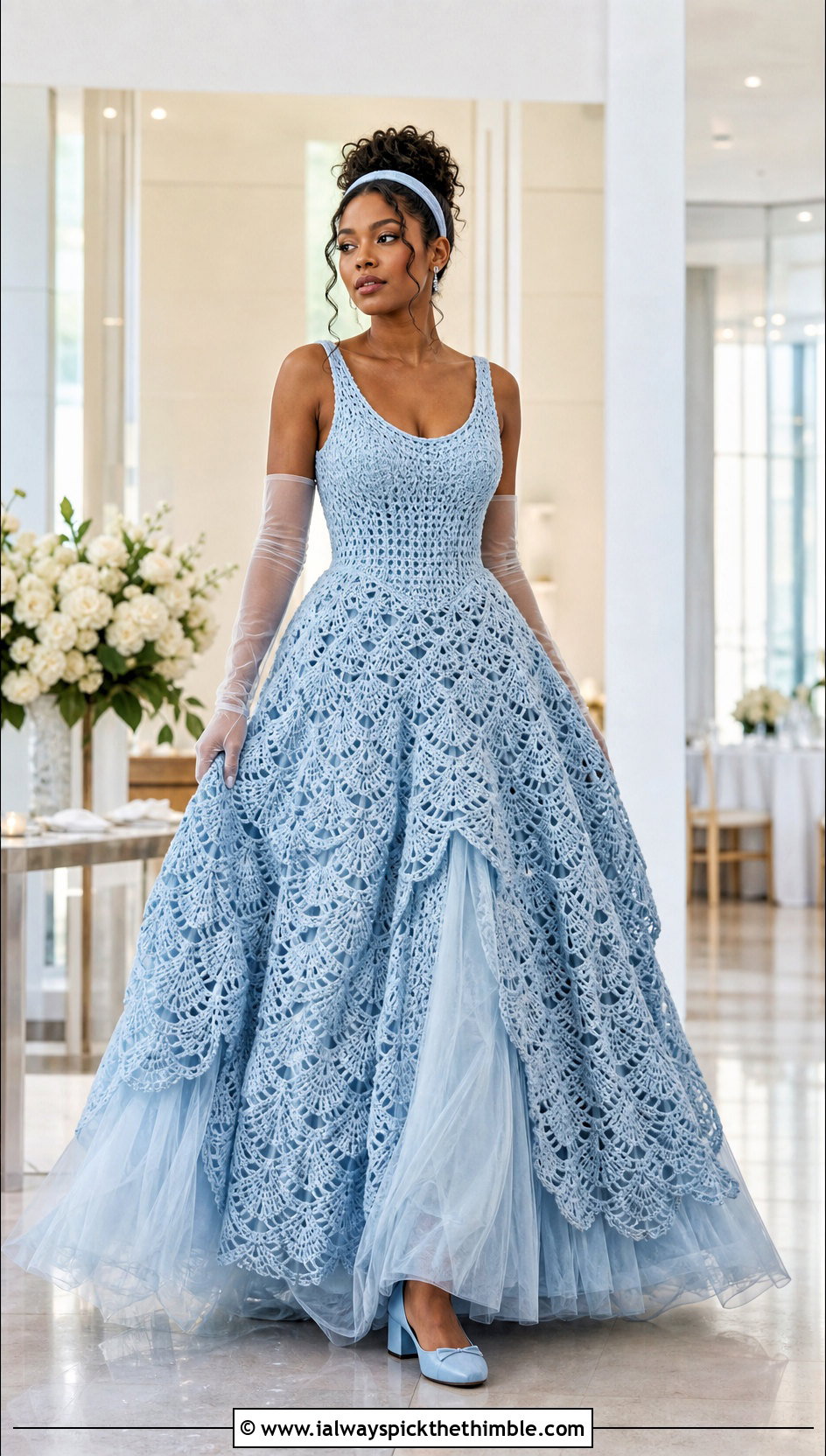 DIY Shell Stitch Ball Gown Crochet Wedding Dress With Opera Gloves - 25 diy crochet wedding dress outfit ideas