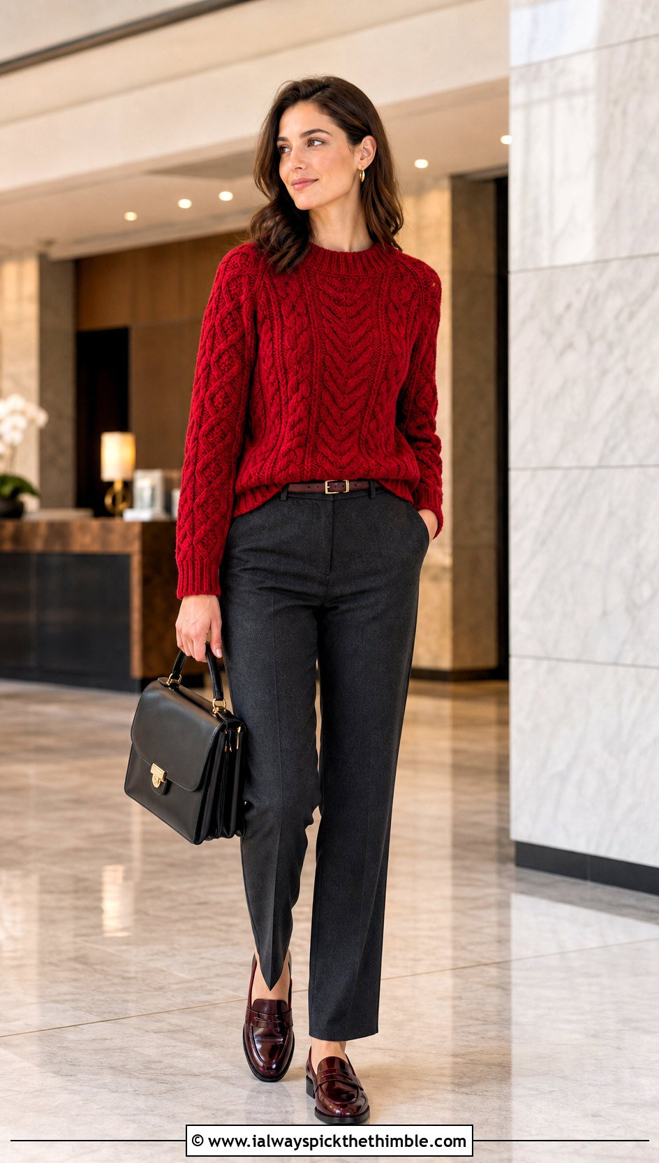 DK Weight Cable Crochet Sweater With Wool Trousers - 20 Dk Weight Crochet Sweater outfit ideas