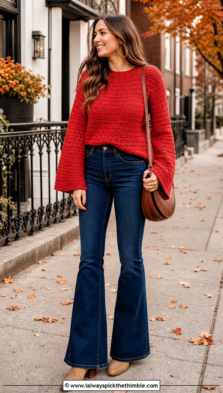 DK Weight Crochet Bell Sleeve Sweater With Flared Jeans - 20 Dk Weight Crochet Sweater outfit ideas