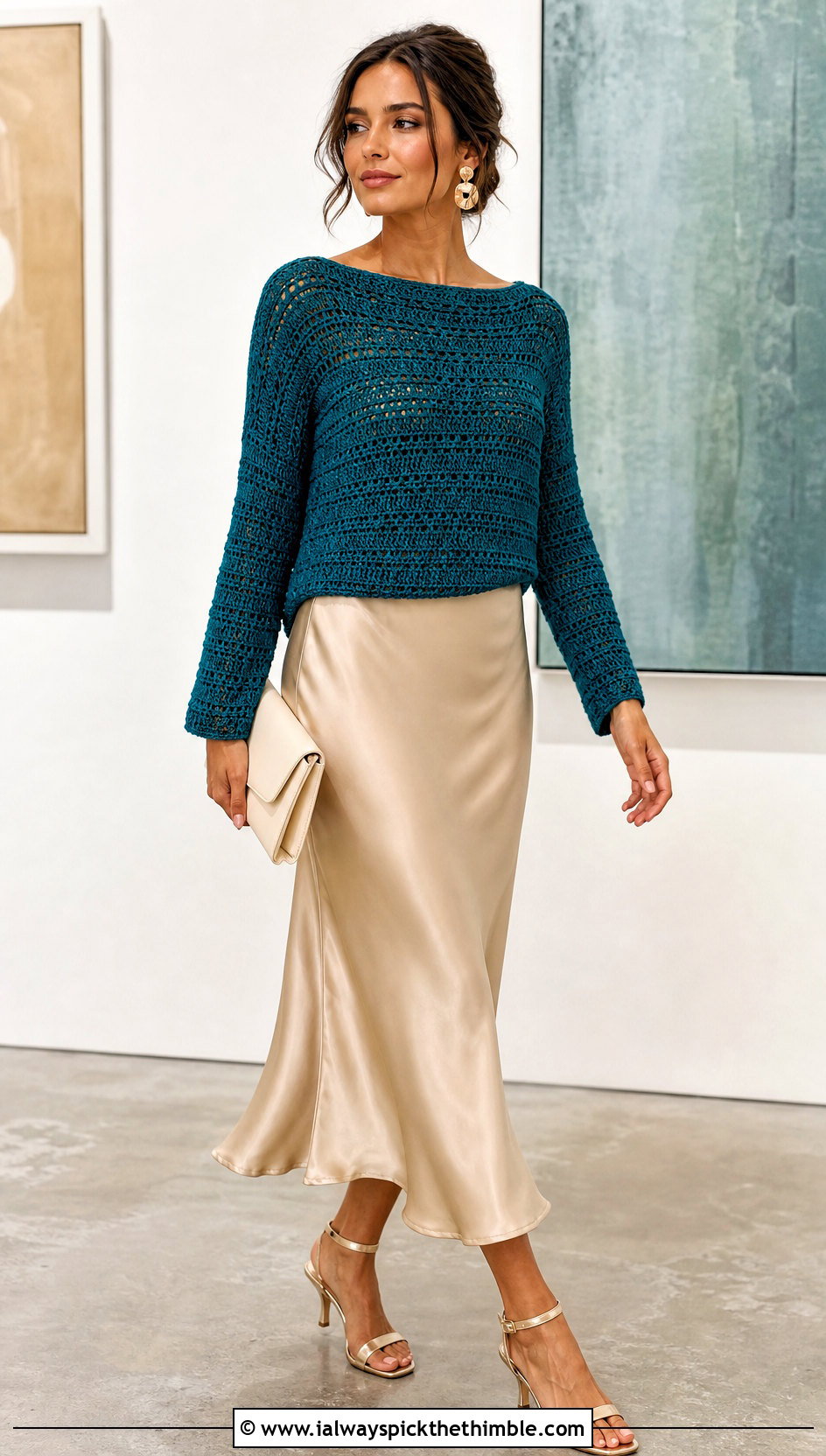 DK Weight Crochet Boatneck Sweater With Satin Midi Skirt - 20 Dk Weight Crochet Sweater outfit ideas