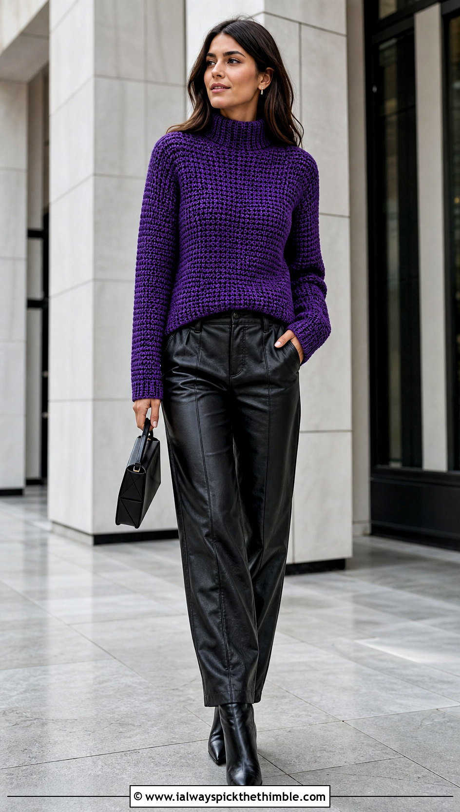 DK Weight Crochet Mock Neck Sweater With Leather Pants - 20 Dk Weight Crochet Sweater outfit ideas